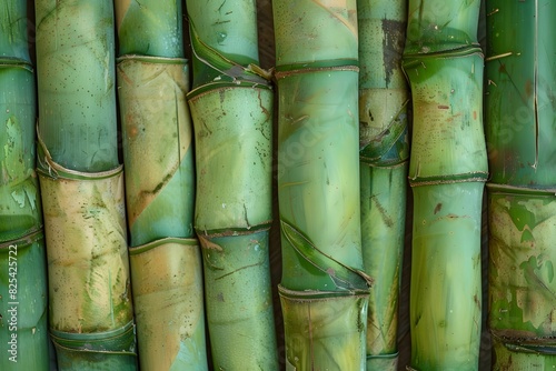 The bamboo trunks are in a row pressed tightly against each other. Full frame shot of bamboos.