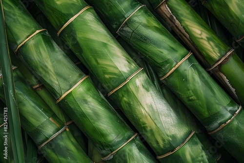 The bamboo trunks are in a diagonal row pressed tightly against each other. Full frame shot of bamboos.