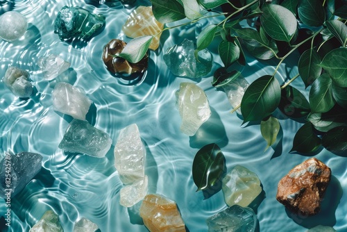 Natural Skincare Concept Art Featuring Water, Leaves, and Mineral Stones for Design and Posters