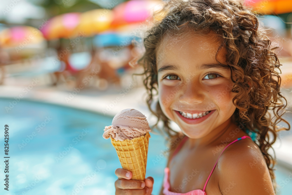 Smiling girl holding ice cream cone by the pool on a sunny day, showcasing summer joy and leisure. Smiling girl holding ice cream cone by the pool on a sunny day, showcasing summer joy and leisure.