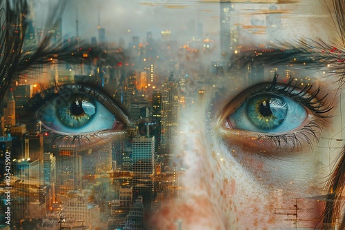 Close-up of a woman's eyes with a city skyline superimposed over them.  The image evokes a sense of urban life and the connection between humans and the environment. photo