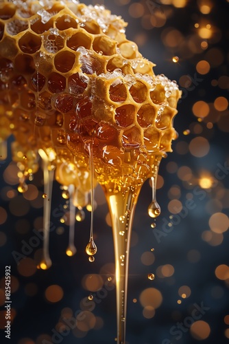 Golden honey dripping from a honeycomb, with a blurred background of warm lights. photo