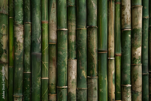 The bamboo trunks are in a row pressed tightly against each other. Full frame shot of bamboos.