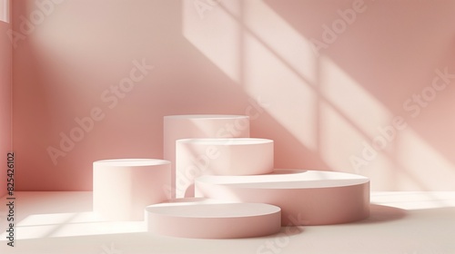Five Minimalist Pink Toned Round Podiums for Product Presentation on Empty Background. Ideal for E-commerce and Advertising Displays, Showcasing Minimalist Style and Elegance