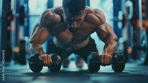 A man is executing a push up exercise on a gym floor while holding two dumbbells in his hands. He is focused and maintaining proper form as he lowers and raises his body in a controlled manner photo