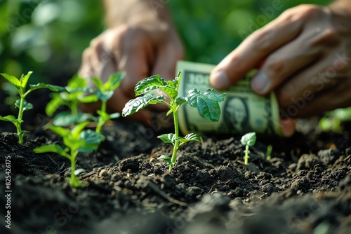 A hand plants a dollar bill in the soil next to young green seedlings. photo