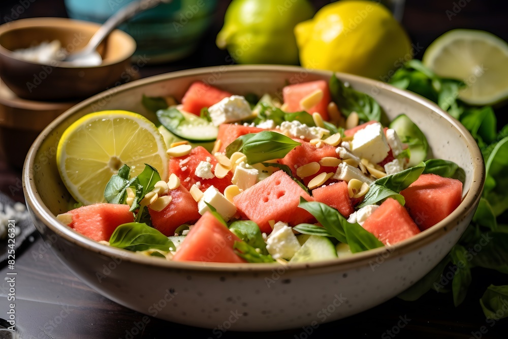 Fresh watermelon and feta salad with arugula and mint. Fresh watermelon and feta salad with arugula and mint.