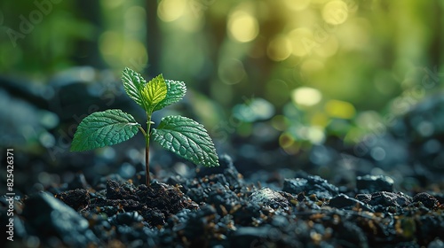 A small green plant sprouts from the dark soil, symbolizing growth and new beginnings.  The sun shines through the trees in the background. photo