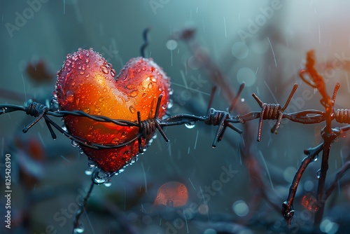 A red heart, glistening with raindrops, is caught on a barbed wire fence. The image evokes feelings of hope and resilience in the face of adversity.