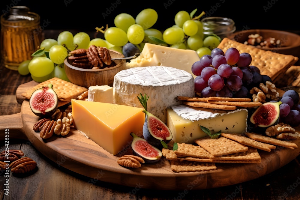 Elegant cheese platter with assorted fruits, nuts, and crackers. Elegant cheese platter with assorted fruits, nuts, and crackers. Elegant cheese platter with assorted fruits, nuts, and crackers. Elegant cheese platter with assorted fruits, nuts, and crackers.