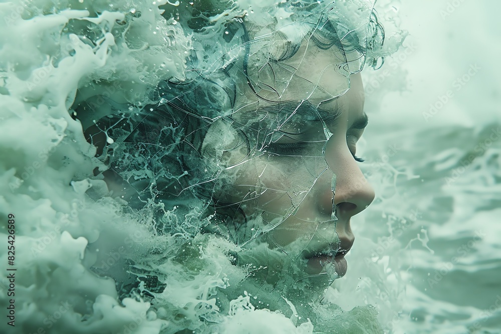 A woman's face emerges from churning water, her expression serene amidst the chaos.