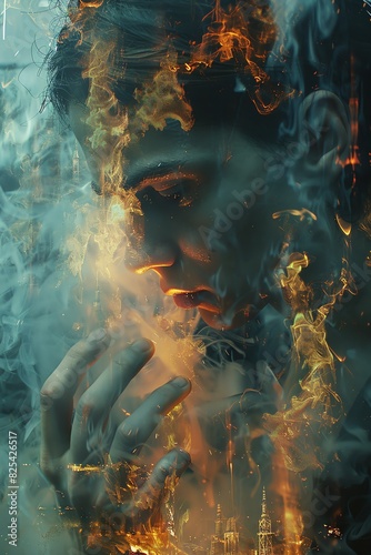 A surreal portrait of a human figure emerging from swirling smoke and fire. The image is full of mystery and intrigue.