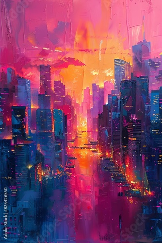 A vibrant, abstract cityscape painted in warm hues of pink, orange and blue.  The scene is dominated by tall buildings and a glowing river. photo