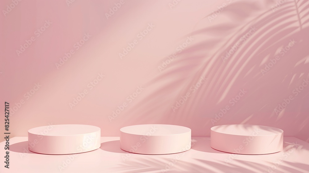 Three Minimalist Pink Toned Round Podiums for Product Presentation on Empty Background. Ideal for E-commerce and Advertising Displays, Showcasing Minimalist Style and Elegance. Three Minimalist Pink Toned Round Podiums for Product Presentation on Empty Background. Ideal for E-commerce and Advertising Displays, Showcasing Minimalist Style and Elegance.
