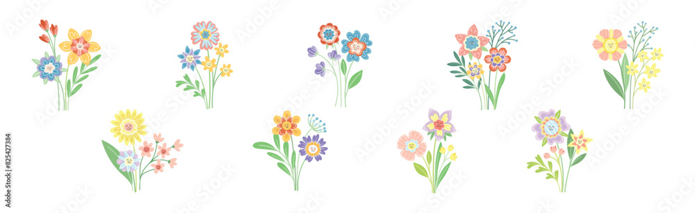 Smiling Flowers on Stalk with Petal and Green Leaf Vector Set