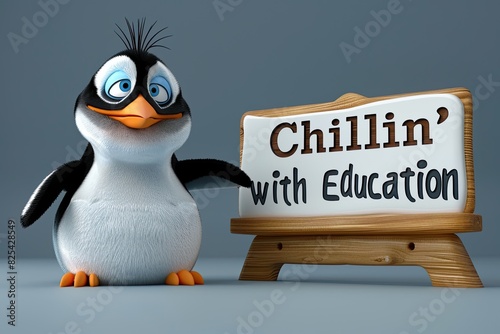 Goofy 3d penguin character next to text 