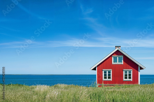 Red wooden house or cottage near the sea in Sweden in summer with blue sky