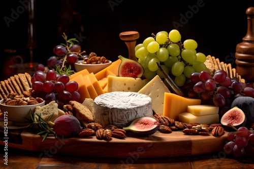 Elegant cheese platter with assorted fruits, nuts, and crackers. Elegant cheese platter with assorted fruits, nuts, and crackers. © KHF