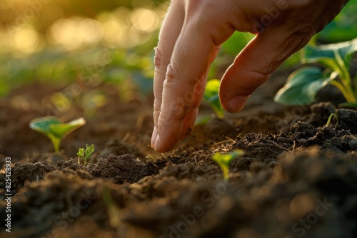 Human Hand Connecting with Organic Soil and Seedlings at Sunrise - Symbolizing Environmental Care and Growth