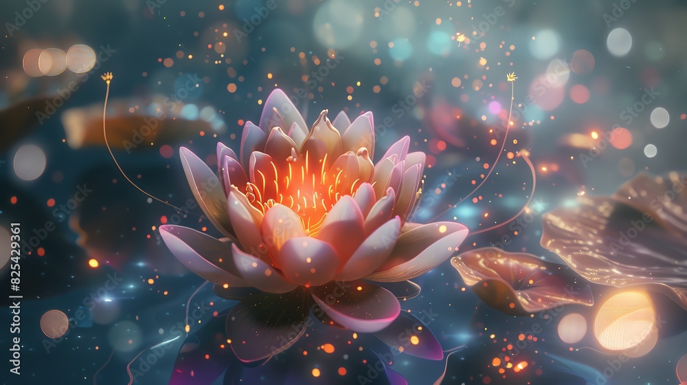 Enchanting digital illustration of a glowing lotus flower with magical elements and colorful bokeh lights, creating a serene and mystical atmosphere. Enchanting digital illustration of a glowing lotus flower with magical elements and colorful bokeh lights, creating a serene and mystical atmosphere.