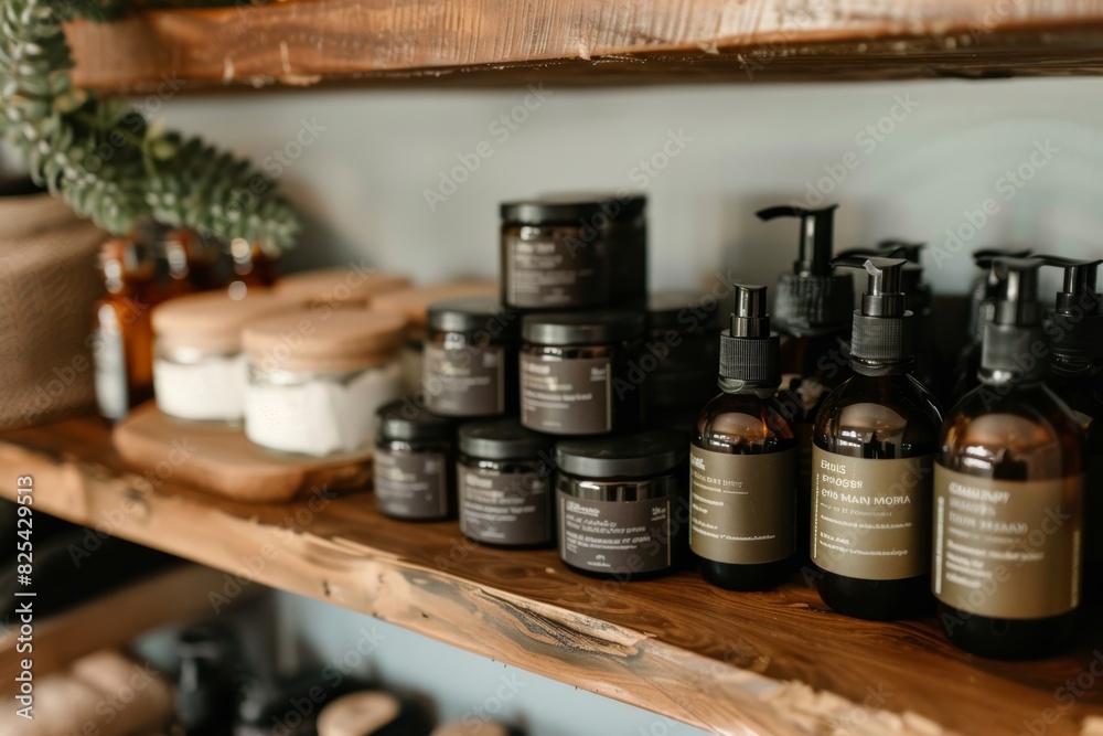 Natural Hair Care Products Displayed on Wooden Shelf - Organic Shampoos, Conditioners, Essential Oils for Eco-Friendly Hair Care Natural Hair Care Products Displayed on Wooden Shelf - Organic Shampoos, Conditioners, Essential Oils for Eco-Friendly Hair Care