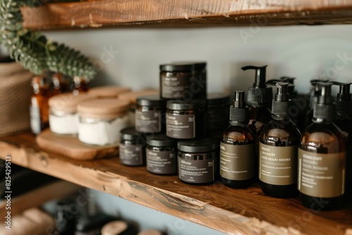 Natural Hair Care Products Displayed on Wooden Shelf - Organic Shampoos, Conditioners, Essential Oils for Eco-Friendly Hair Care