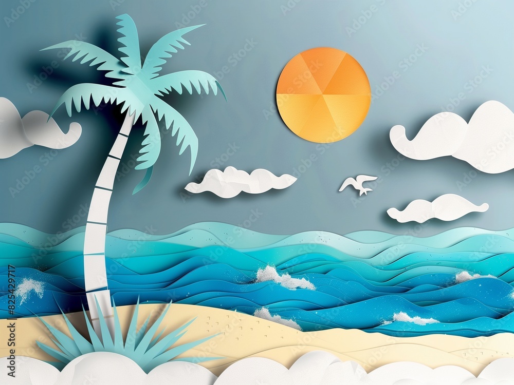 Paper art of a tropical beach with blue ocean, palm tree, sky and sun, summer concept