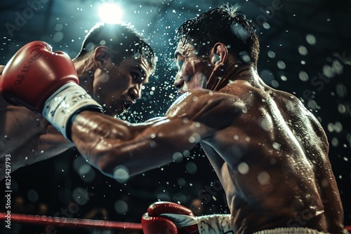 A dramatic and intense moment in a boxing match, capturing the power, precision, and determination of the fighters in the ring, with the audience on the edge of their seats. photo