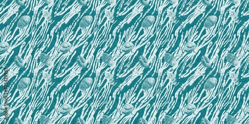 Teal turquoise blue white shell motif with linen seamless batik border background. Modern coastal beach cottage rustic shell block print home decor pattern design in sealife banner beach style. 