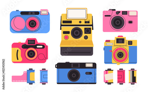 Retro film photo camera isolated on white background. Old vintage analog disposable photo camera. Hand-drawn colored flat vector illustration