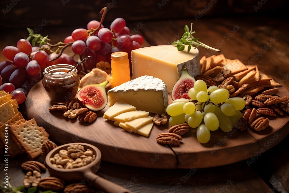 Elegant cheese platter with assorted fruits, nuts, and crackers.	Elegant cheese platter with assorted fruits, nuts, and crackers.