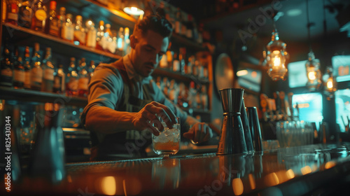 Professional bartender mixing a cocktail at a stylish bar, dim lighting, bottles and glasses in the background.