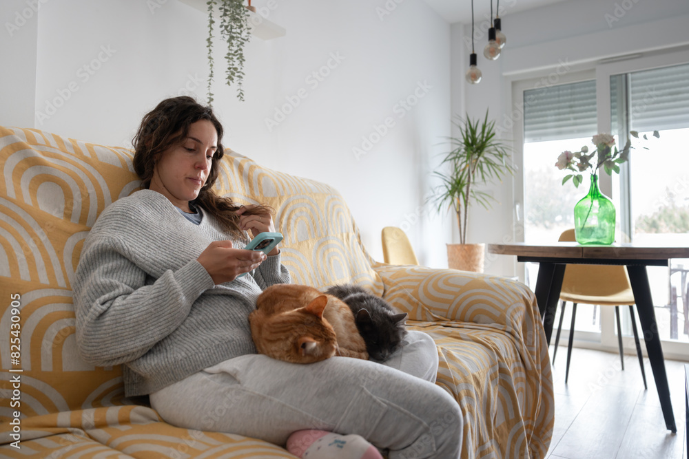 Cozy home setting with woman and sleeping cat Cozy home setting with woman and sleeping cat