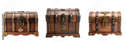 Untitled design - Set of A completely empty brown treasure chest set against showcasing the contrast between the rich wood, on a transparent background (4)