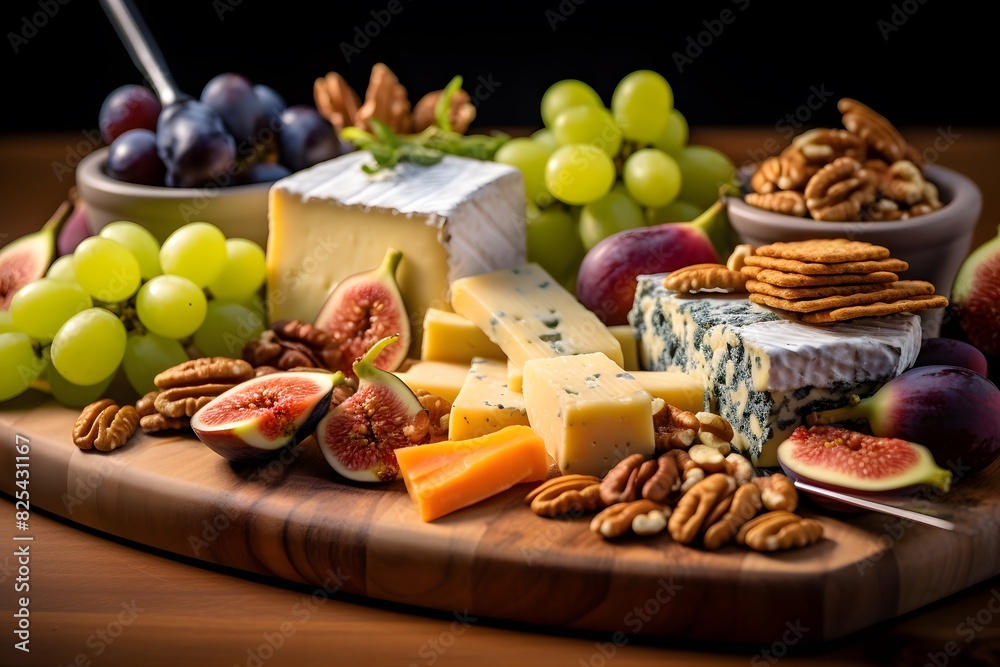 Elegant cheese platter with assorted fruits, nuts, and crackers.	Elegant cheese platter with assorted fruits, nuts, and crackers.