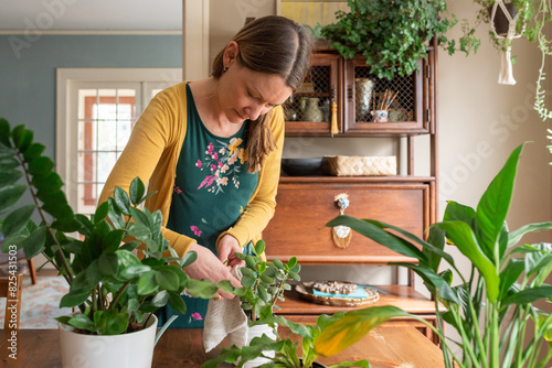 Woman dusting plants