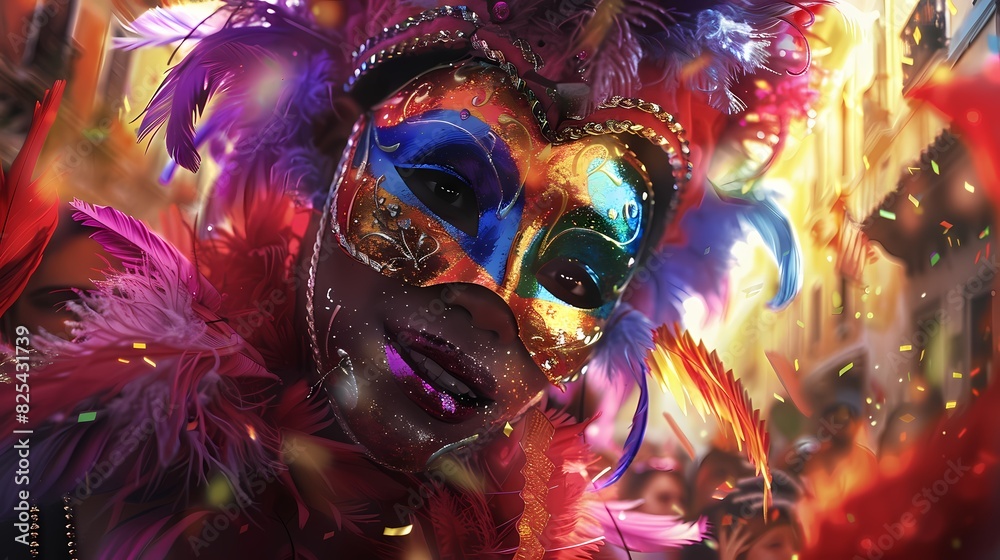 Generate a digital scene with colorful masks and feathers for a lively Carnaval celebration.