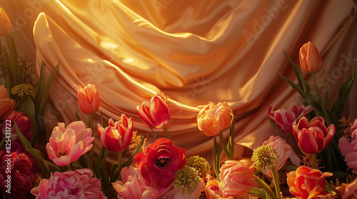 A podium draped in luxurious fabric, surrounded by an array of blooming tulips and peonies, with warm sunlight casting a golden hue over the scene, enhancing the vibrant colors of the flowers #825431722