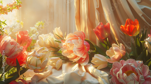 A podium draped in luxurious fabric, surrounded by an array of blooming tulips and peonies, with warm sunlight casting a golden hue over the scene, enhancing the vibrant colors of the flowers #825431734