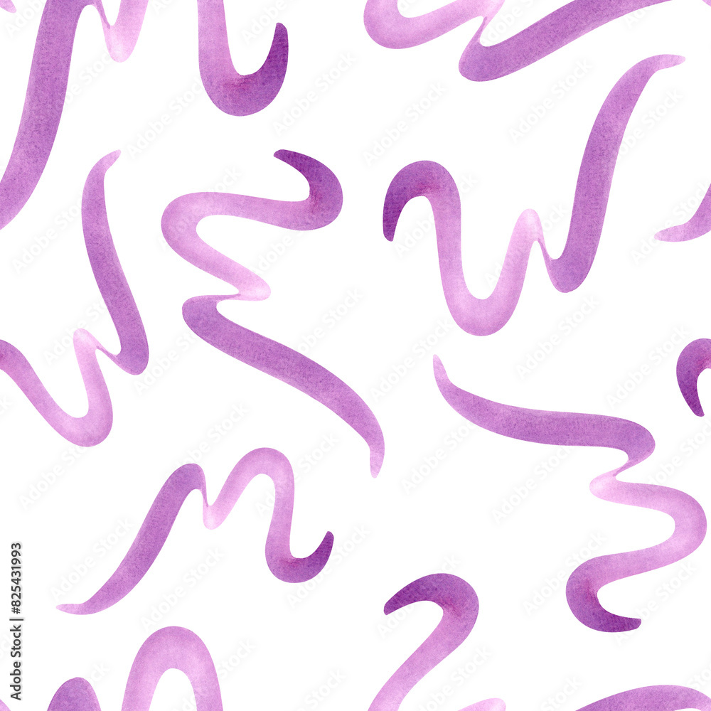Native geometric curves. Flying wavy lines. Purple squiggles seamless pattern. Abstract brush strokes in dopamine color. Scribble for party, birthday package. Watercolor illustration Native geometric curves. Flying wavy lines. Purple squiggles seamless pattern. Abstract brush strokes in dopamine color. Scribble for party, birthday package. Watercolor illustration