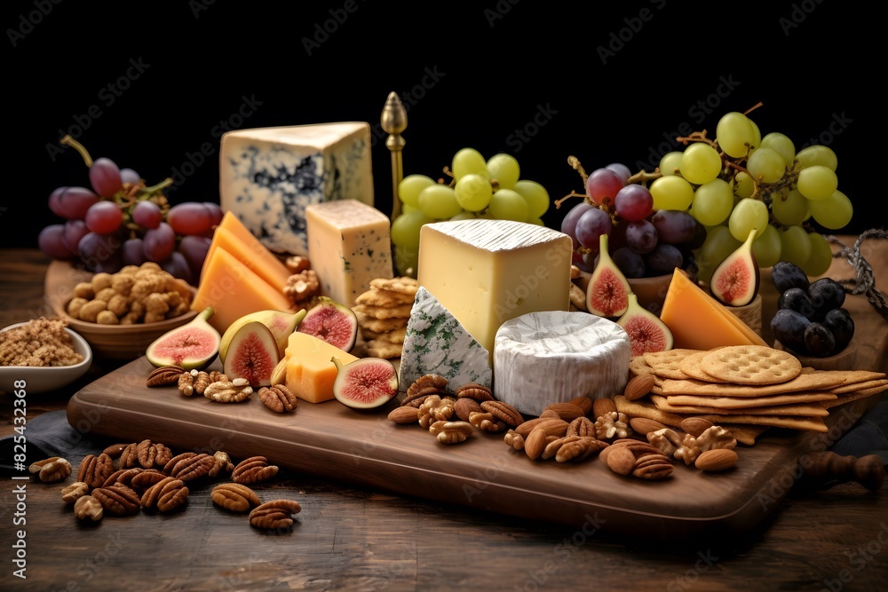 Elegant cheese platter with assorted fruits, nuts, and crackers. Elegant cheese platter with assorted fruits, nuts, and crackers. Elegant cheese platter with assorted fruits, nuts, and crackers. Elegant cheese platter with assorted fruits, nuts, and crackers.