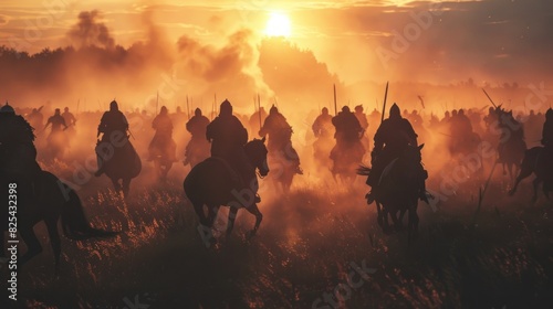 Medieval battle scene with cavalry and infantry. Silhouettes of figures as separate objects, fight between warriors on sunset foggy background. photo