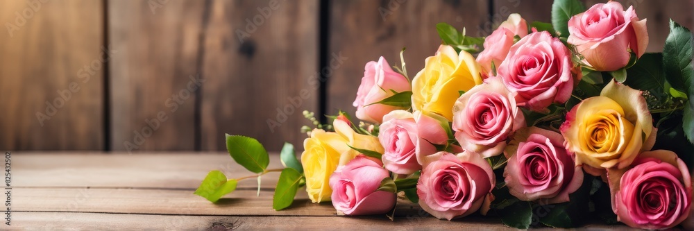An elegant bouquet of roses on the wooden floor. A banner with a place for the text. An elegant bouquet of roses on the wooden floor. A banner with a place for the text.