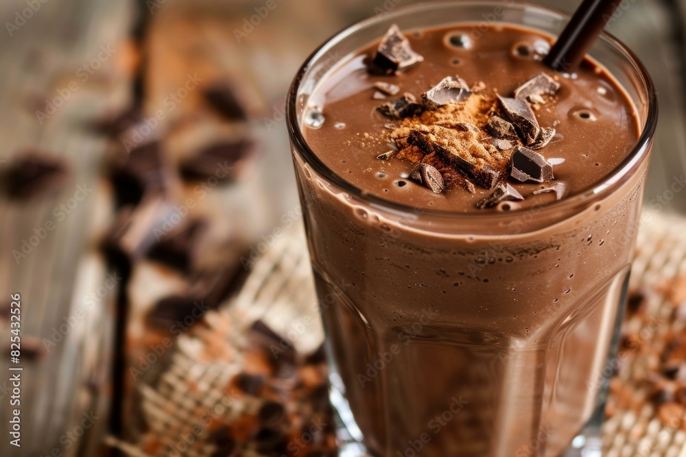 Indulgent chocolate milkshake with rich and creamy flavor. Topped with sweet confectionery pieces and garnished with cocoa shavings. Served in a rustic glass on a wooden table Indulgent chocolate milkshake with rich and creamy flavor. Topped with sweet confectionery pieces and garnished with cocoa shavings. Served in a rustic glass on a wooden table