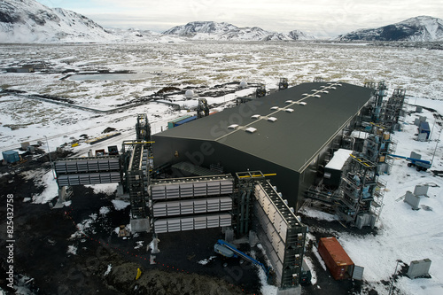 Carbon capture and storage technology, climeworks Iceland, aerial shot photo