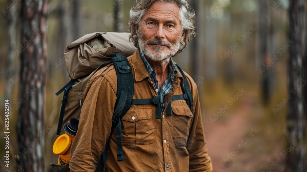 photo of a 50 year old man taking a brisk walk through a path in a forest, he looks very handsome --chaos 20 --ar 16:9 --stylize 700 Job ID: acba8a81-a433-4e23-b72b-47d62a420b9d