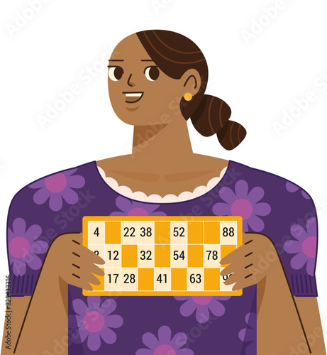 Illustration d'une femme qui tient dans ses mains un carton de loto avec des numéros, jeu de tombola type bingo pour s'amuser et gagner des cadeaux, personnage souriant pour communication d'événement