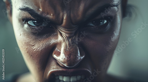 Intense Facial Expression of Anger with Emphasized Eyes and Mouth, Raw Human Emotion Image, Close-up Portrait, Blurred Background, Sharp Shadows Highlighting Fury photo