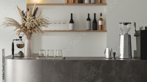 Bar counter with coffee brewing equipment and wine shelf on background photo