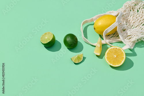 The mesh bag with citrus fruits lime and lemon
